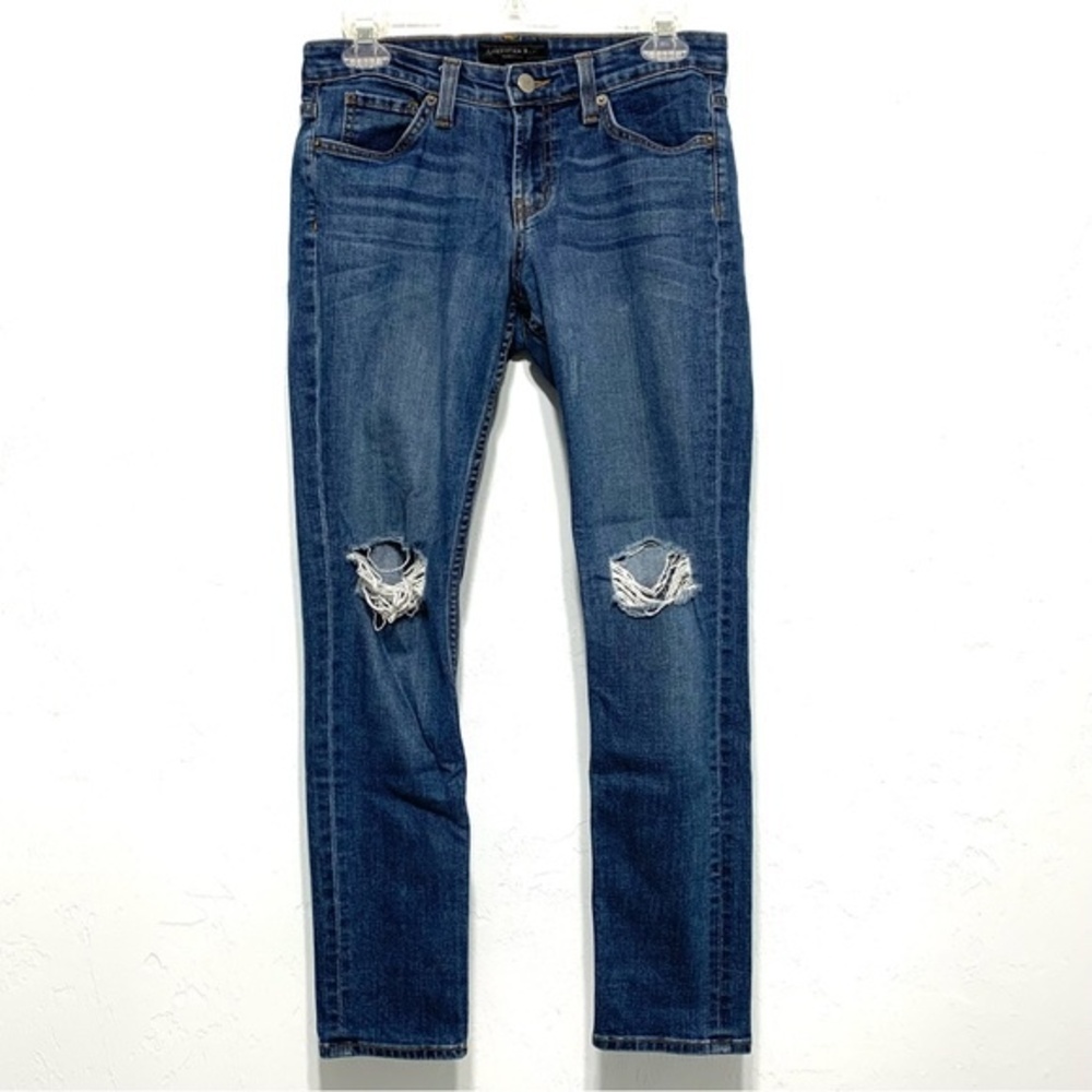 American Bazi Skinny Blue Jeans Distressed Busted Out Knees size 7